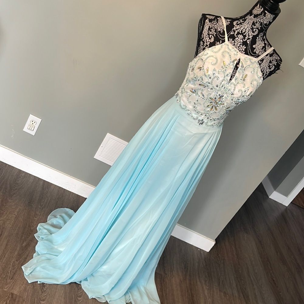 xscape sleeveless beaded top chiffon baby blue NEW